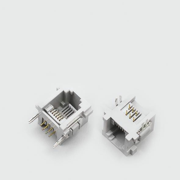 供应90度卧式插件RJ11电话插座 6P6C带五金定位柱 灰色