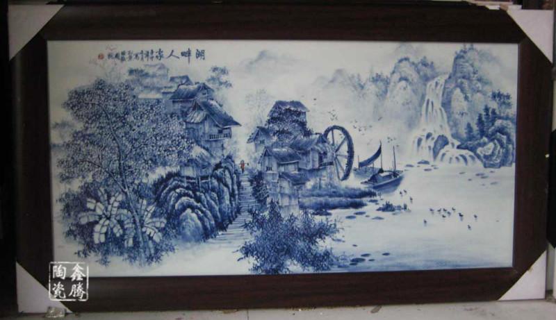 供应青花山水瓷板画，手绘图案陶瓷瓷板画图片